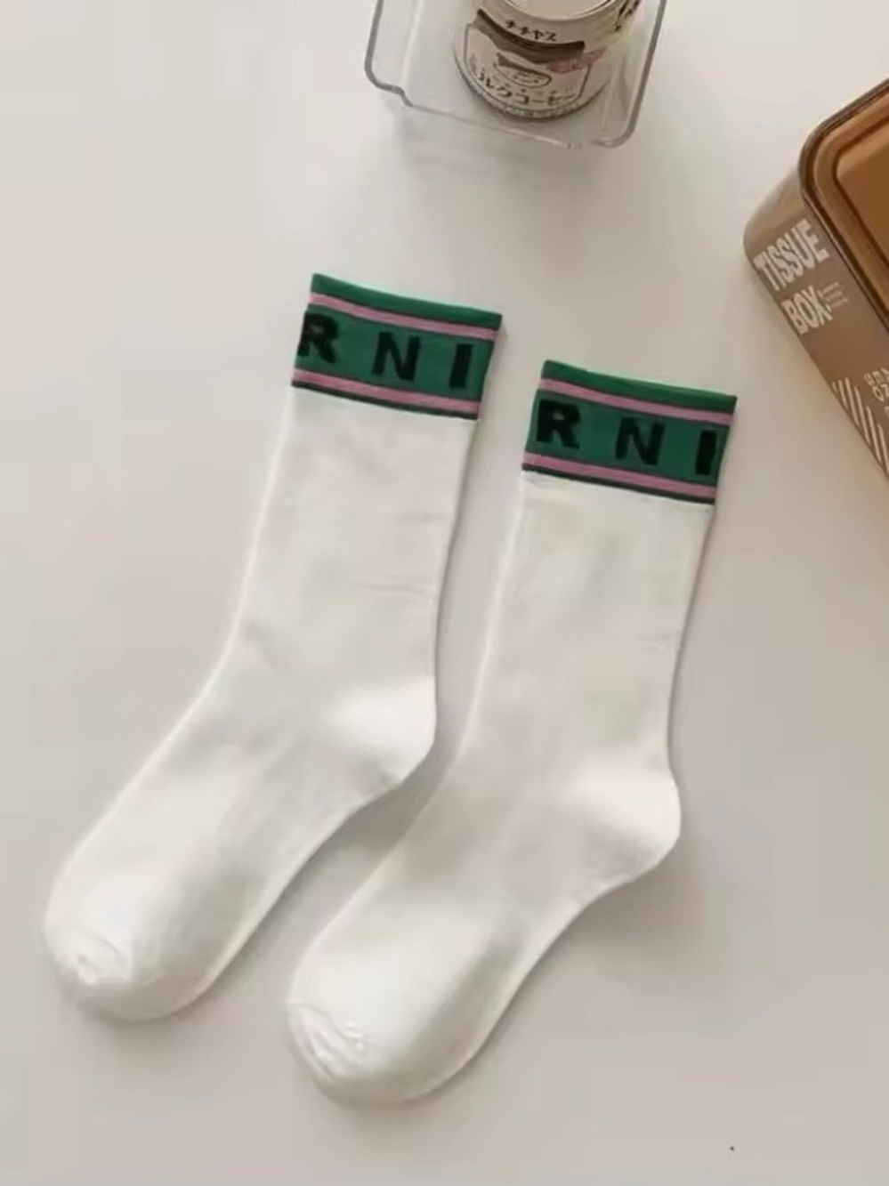 Marni White Crew Socks with Green and Pink Branded Cuff